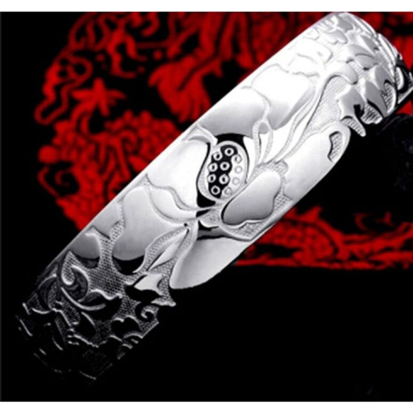 Large Lotus Cuff Bracelet | Pure 999 Silver - Picture 1 of 9